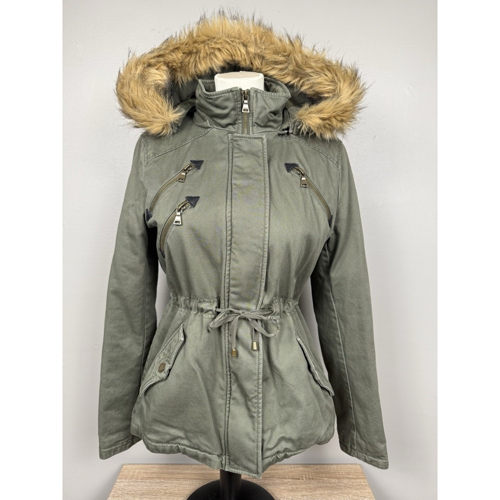 Express Olive Green Military Jacket Faux Fur Parka Cinched Drawstring Waist Y2K‎